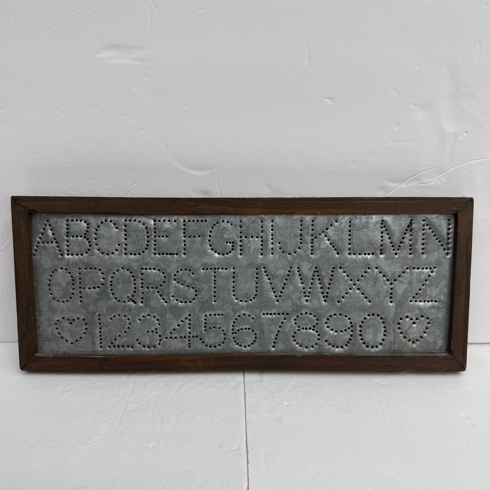 Silver Rustic Punched Tin Wall Art Sign 16.5"x6.5" Alphabet Wood Frame Metal